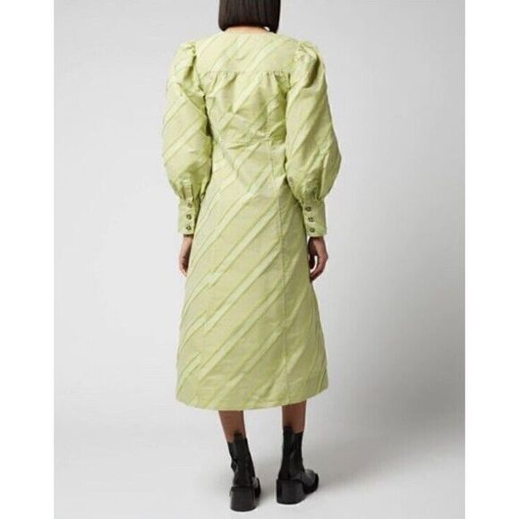 Ganni Green Dress with puff sleeves Midi suze 34 US 2 - Picture 8 of 16